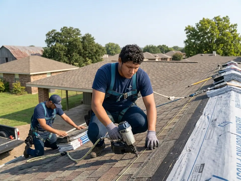 roofer fastening architectural shingles on a brenham house, working to the residential code