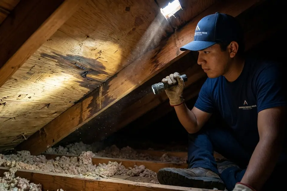 roofer and flashlight tracing a water stain across attic sheathing and rafters