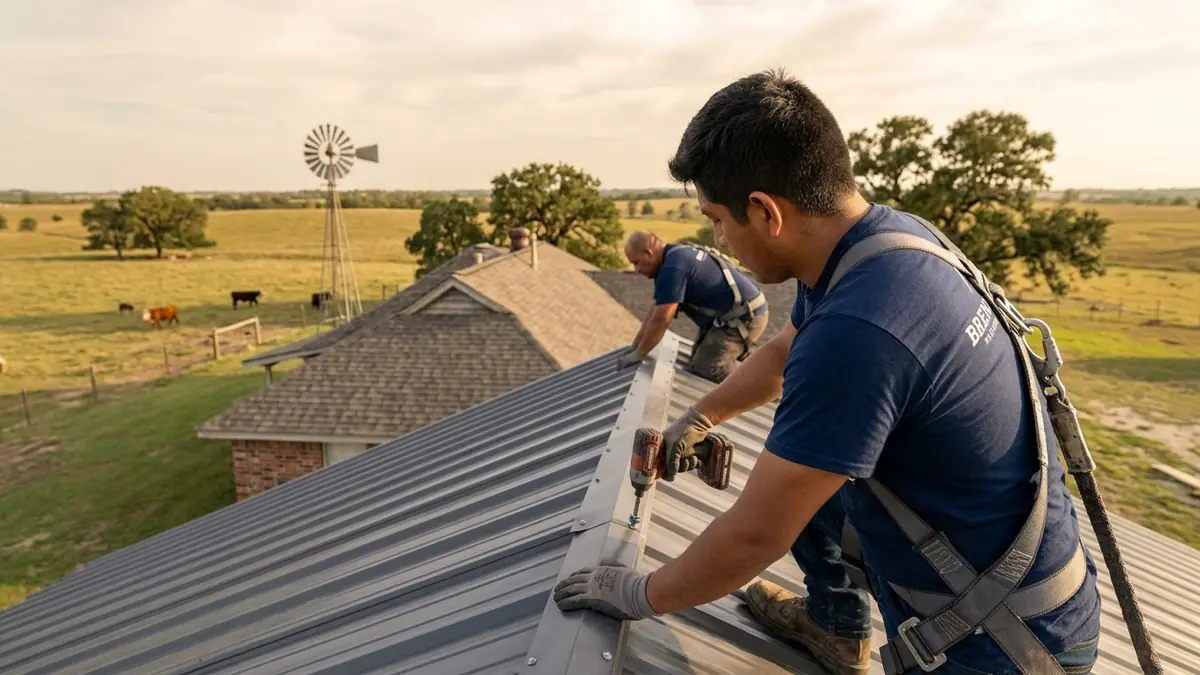 metal barn roof and shingled farmhouse roof on one Texas property