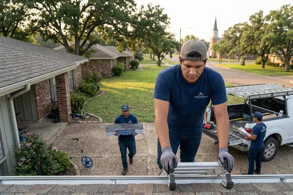 roofing crew and extension ladder starting a job on a Brenham street