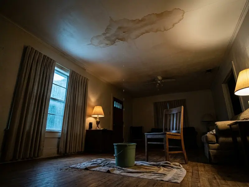 water stain and bucket under a dripping interior ceiling in a Texas house