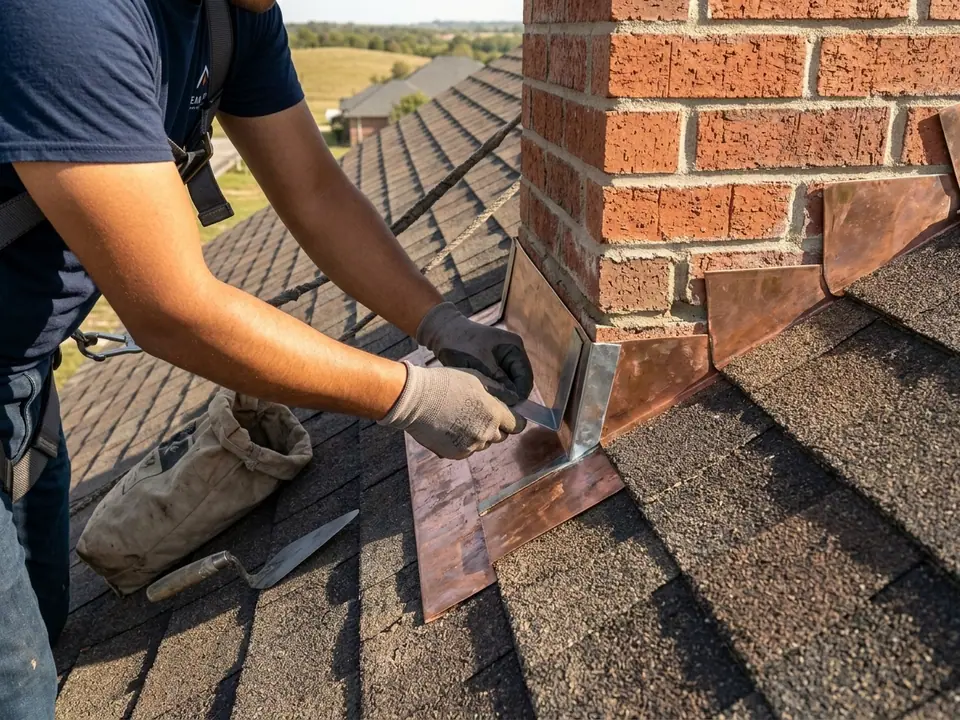gloved hands and counter-flashing being seated into a brick chimney mortar joint