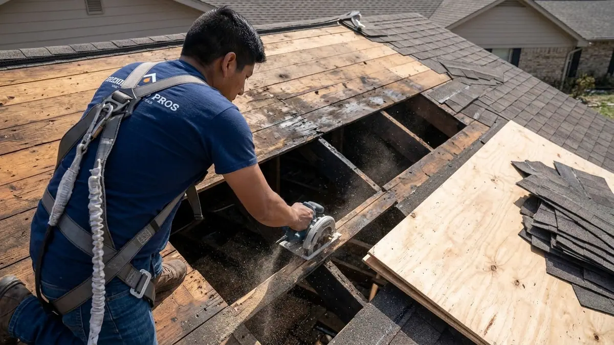 circular saw and delaminated plywood decking cut out above open rafters