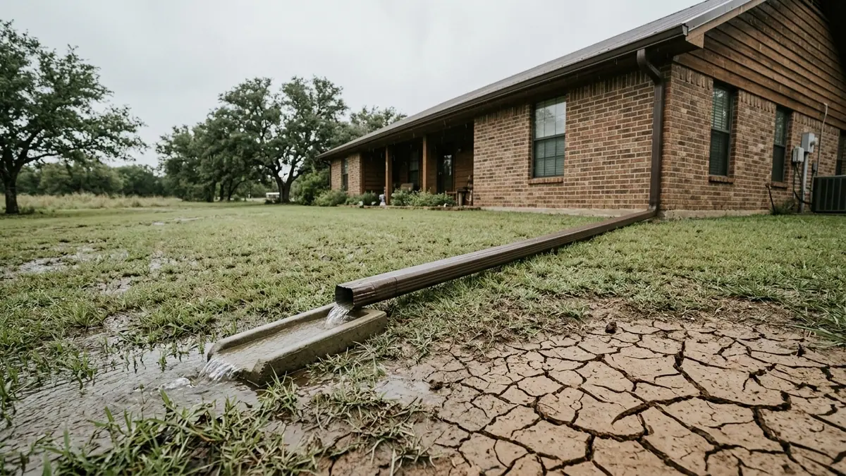 downspout extension and splash block carrying roof runoff clear of a slab on cracked clay