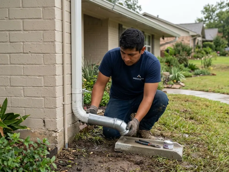 roofer and downspout extension carrying roof runoff clear of a slab foundation