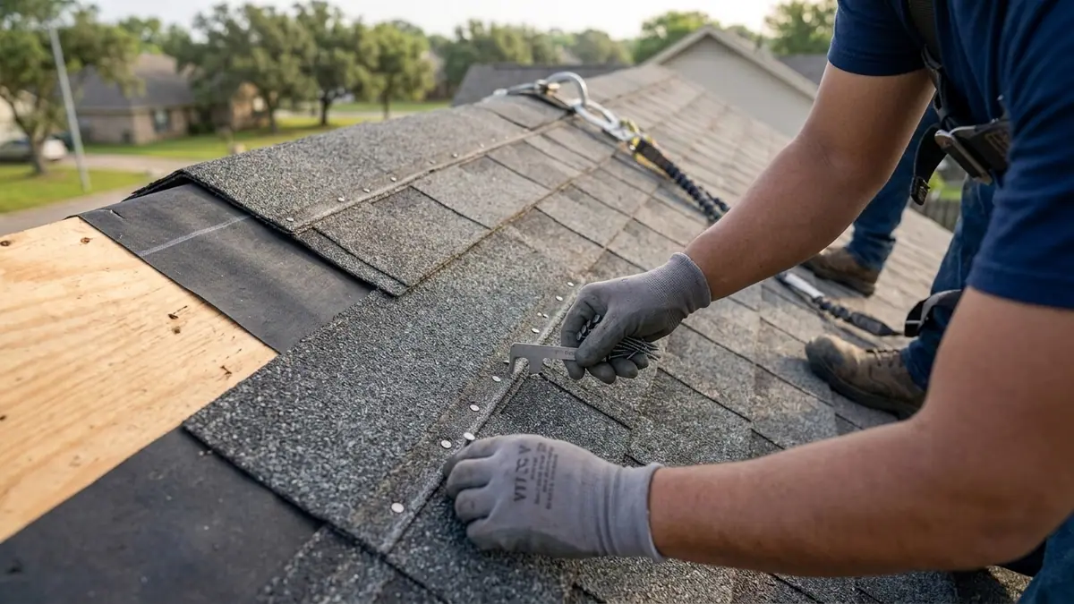 gloved hands and gauge checking nail placement on a shingle course