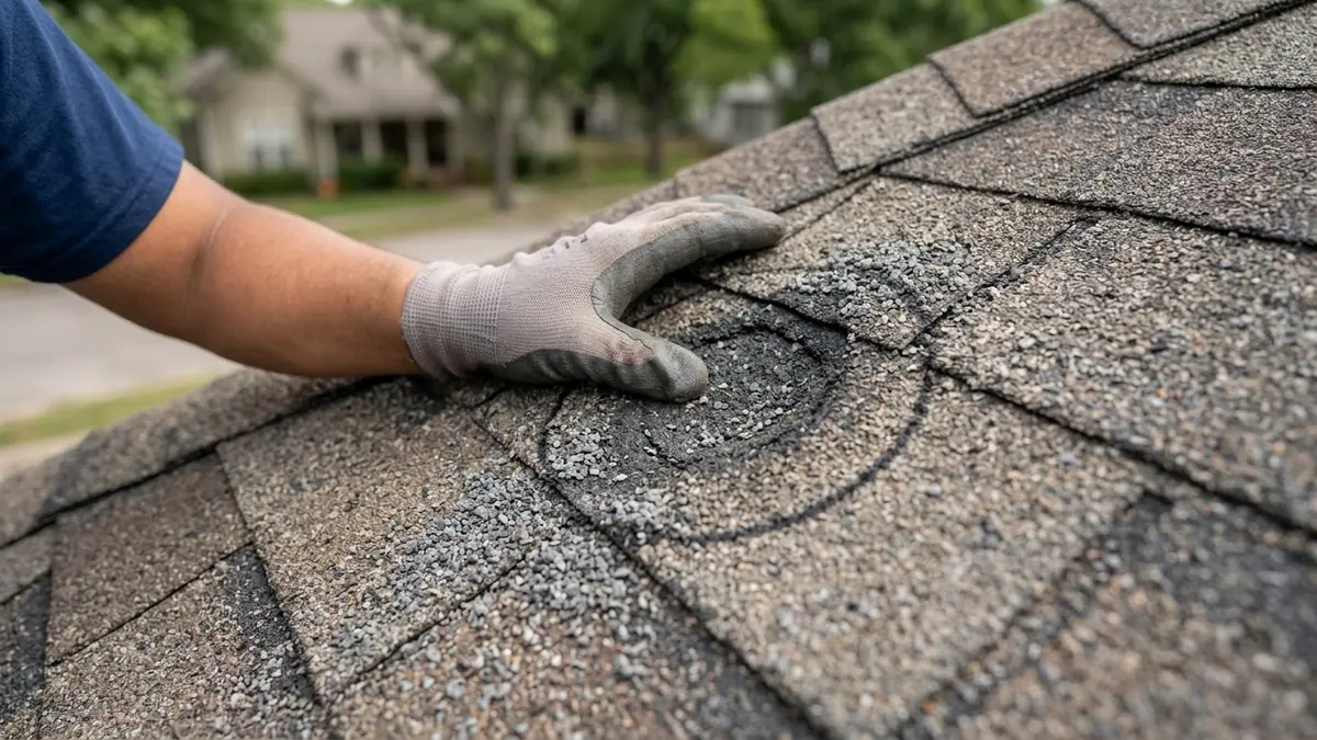 roofer and thumb pressing a soft hail bruise on an aged asphalt shingle