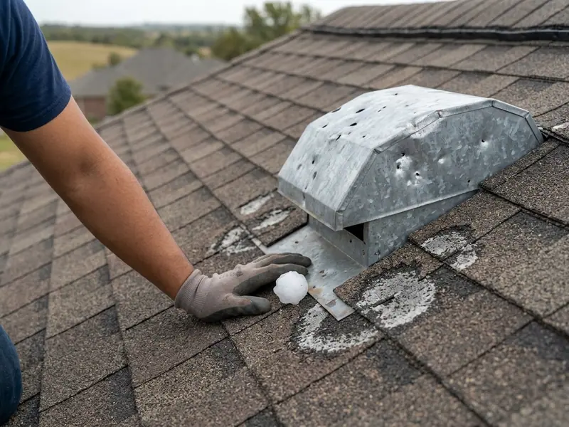 hail dented metal vent hood and bruised asphalt shingle on a washington county roof