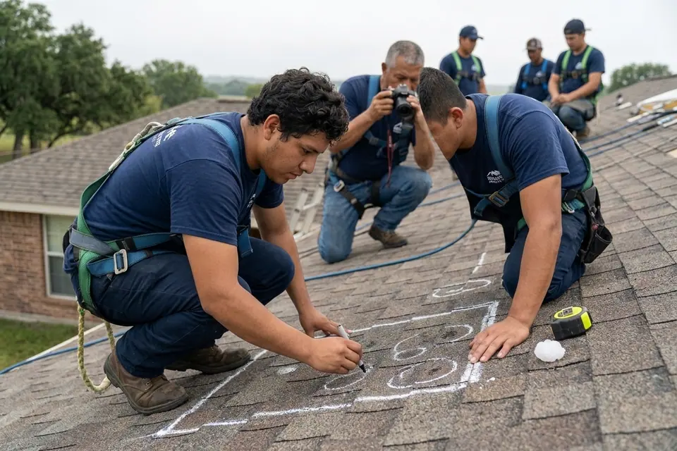 roofers and chalked test square marking hail bruises along an asphalt slope