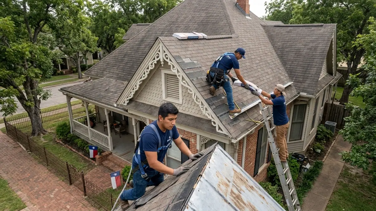 roofing crew and ladder working the steep roof of a nineteenth century Texas town house