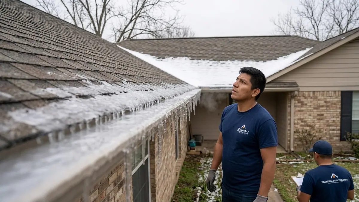 ice and frozen meltwater along the eave and gutter trough of a Texas roof