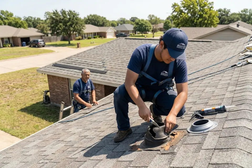 roofer and utility knife cutting out a cracked pipe boot collar