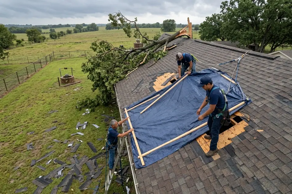 roofing crew and battened tarp covering a storm-opened roof section