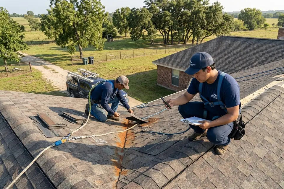 roofers and phone camera photographing lifted shingle tabs and valley metal