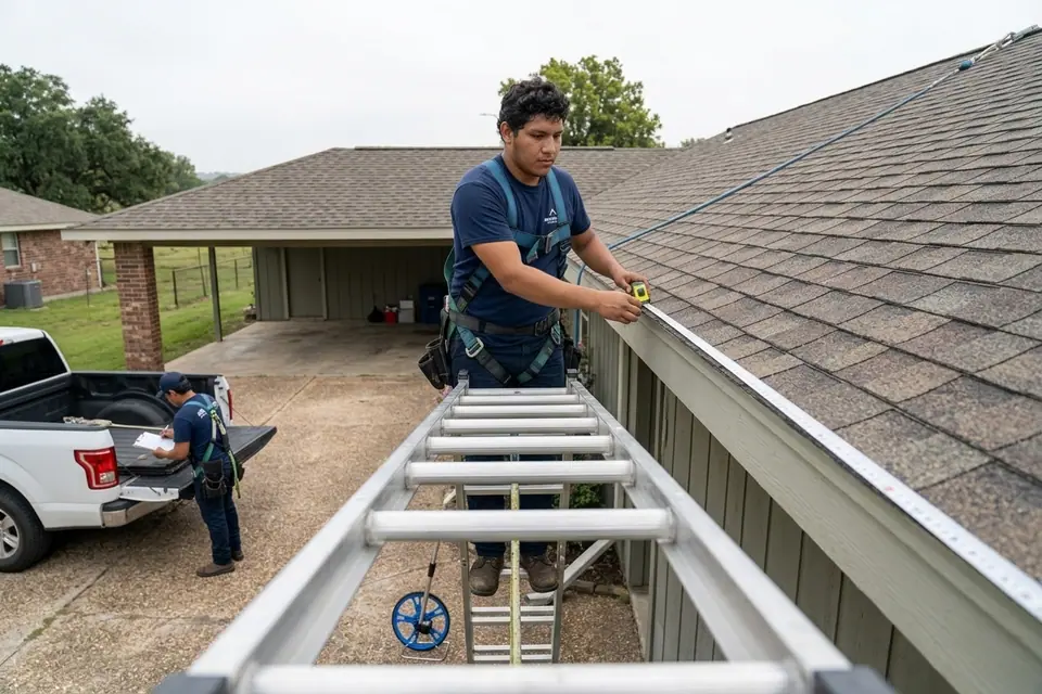 roofers and measuring tape recording slope dimensions across a whole Texas house
