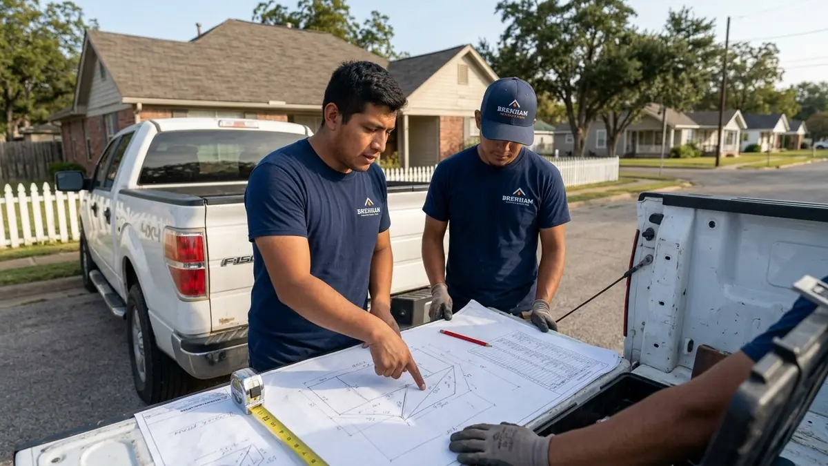 roofers and roof plan sketch reviewed on a pickup tailgate before a re-roof