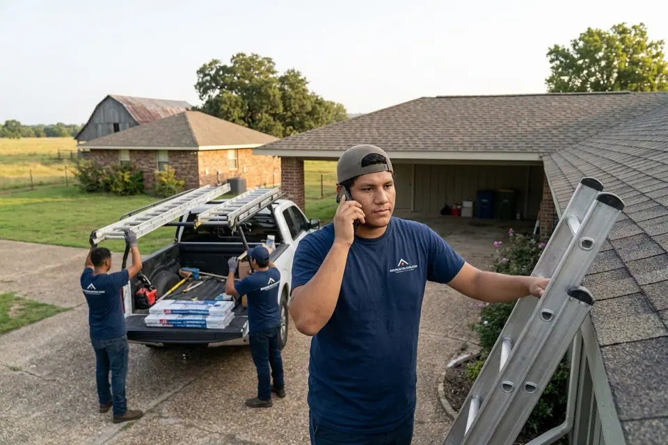 roofer and phone call beside a ladder and pickup with crew loading behind