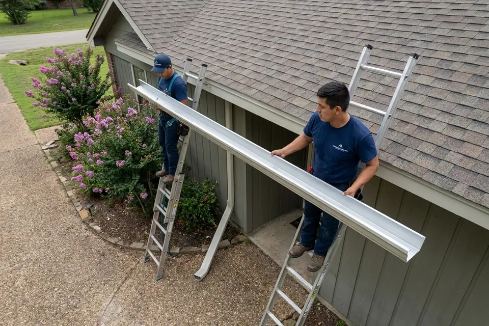 roofers and seamless aluminum trough being hung along the fascia of a Texas house