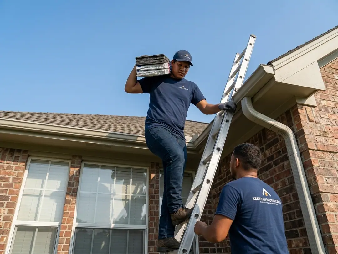 roofer and shingle bundle carried up an extension ladder