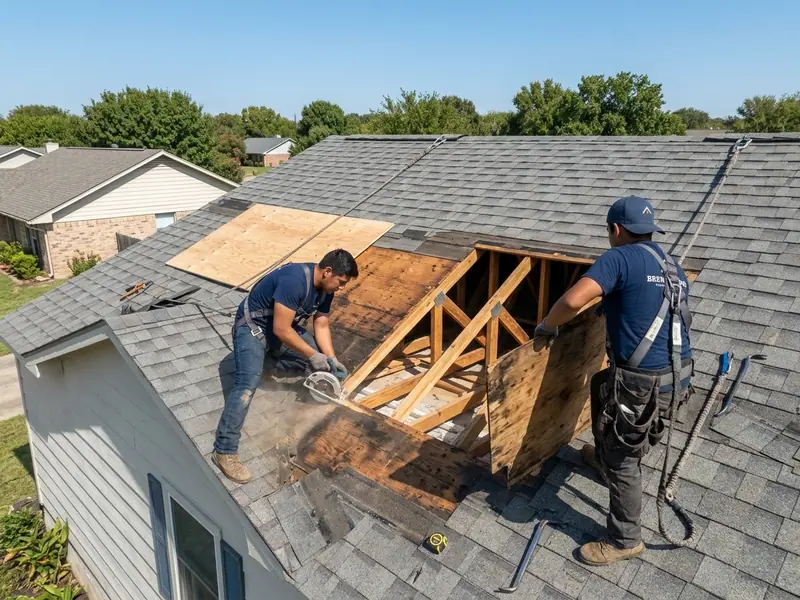 roofers and circular saw cutting out water-damaged plywood decking