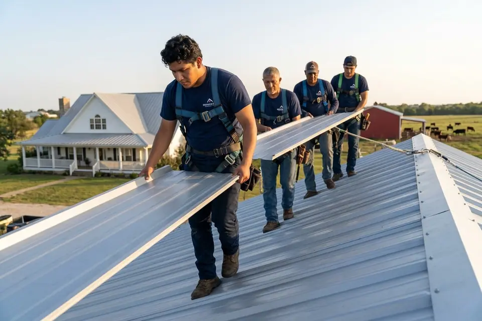 roofing crew and standing seam panel being seated over clips on a rural Texas roof