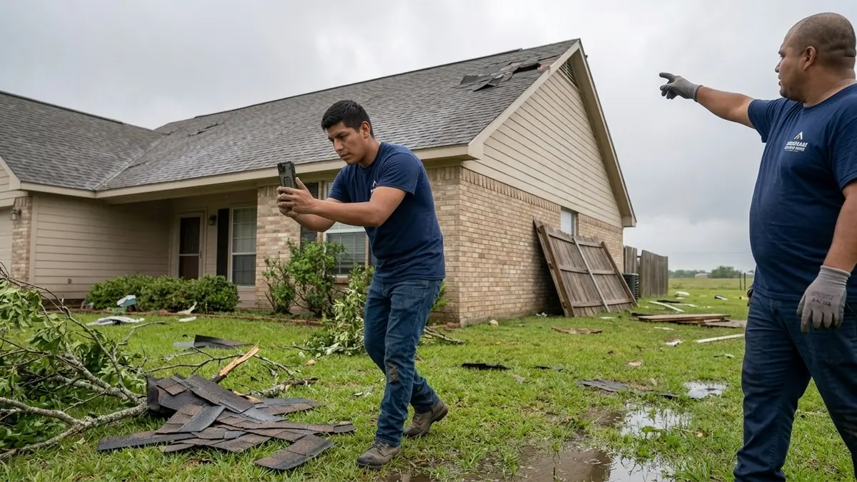 roofers and storm debris of shingles and branches across a rural Texas yard