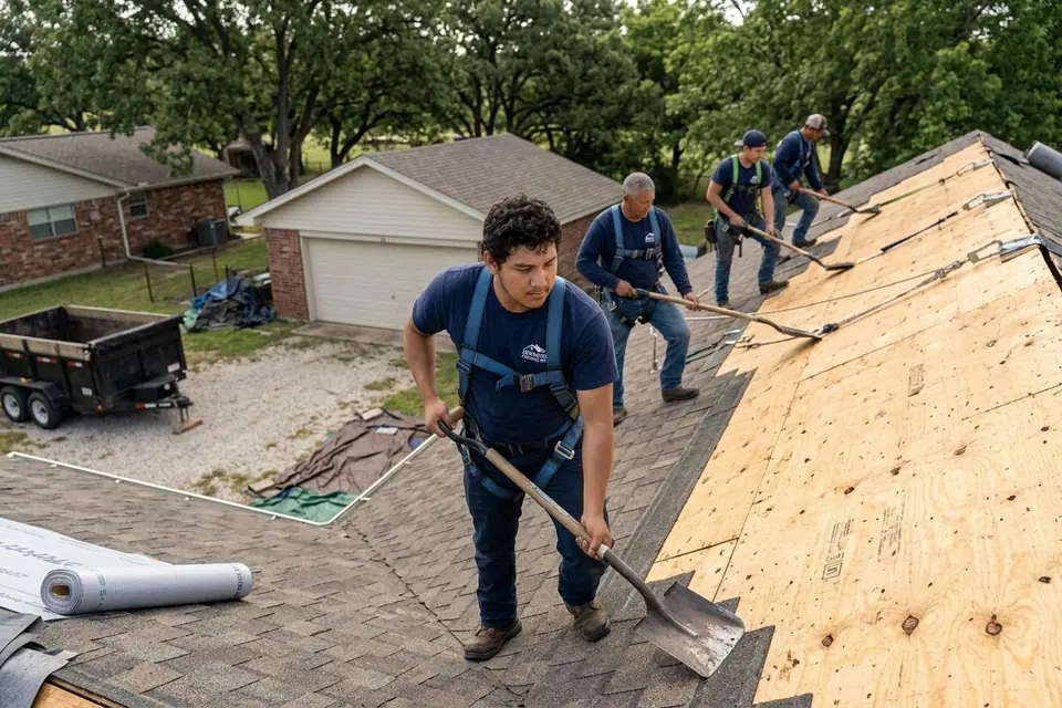 roofing crew and tear-off shovels stripping shingles to bare plywood decking