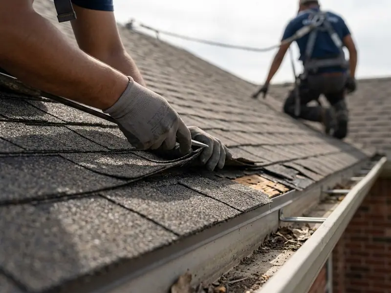 gloved hands and lifted shingle tabs along the wind-loaded rake edge of a roof