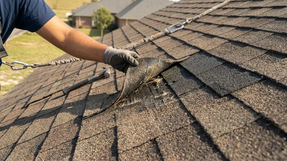 roofer and cupped worn shingles showing granule loss beside newer replacement tabs